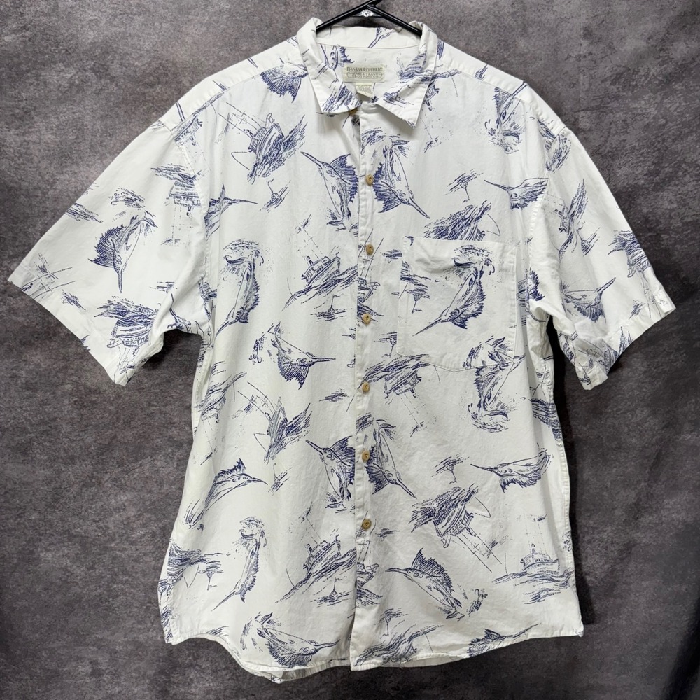 VTG 80s Banana Republic Marlin Fishing Boat Nautical Shirt Mens L White Blue
